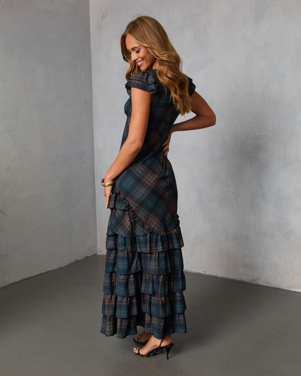 Marcellie Ruffle Plaid Maxi Dress