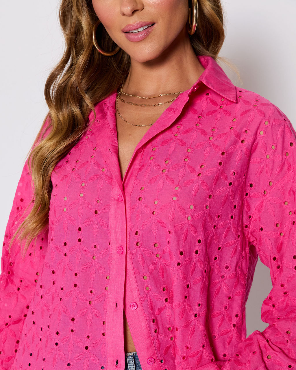 Garden Stroll Eyelet Floral Button Down Top