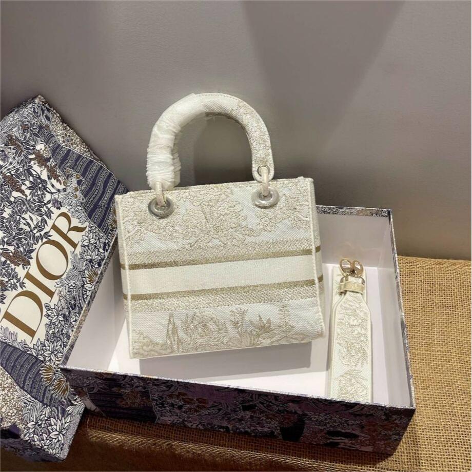 CHRISTIAN DIOR Canvas Around The World Stella Embroidered Medium Lady D-Lite White Gold