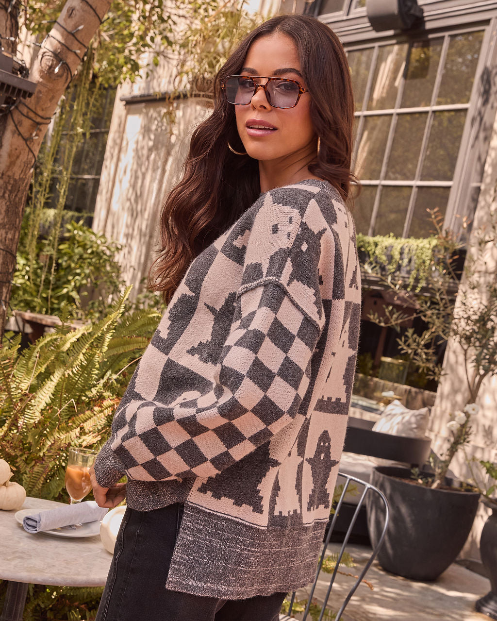 Checkered Spirits Intarsia Knit Ghost Sweater
