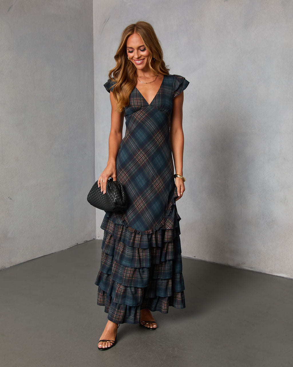 Marcellie Ruffle Plaid Maxi Dress
