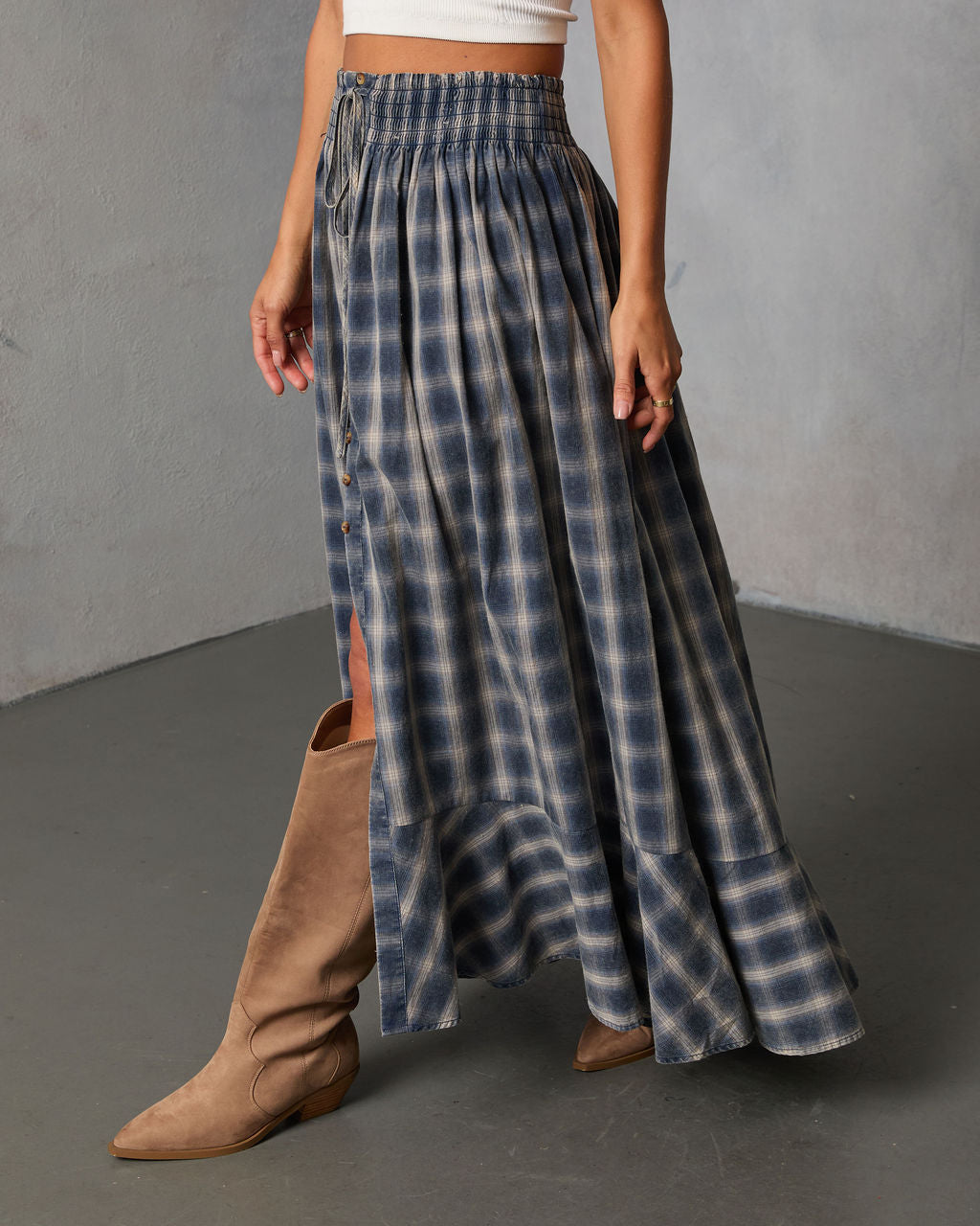 Gesibella Ruffle Hem Plaid Maxi Skirt