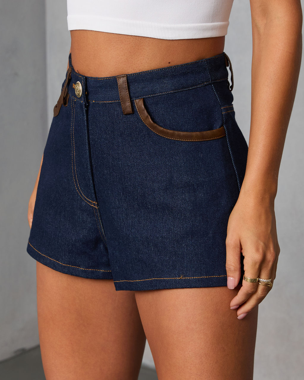 Remon Leather Trim Rigid Denim Shorts
