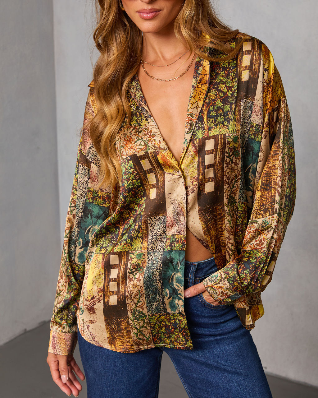 Fallowed Field Multi Print Button Up Top