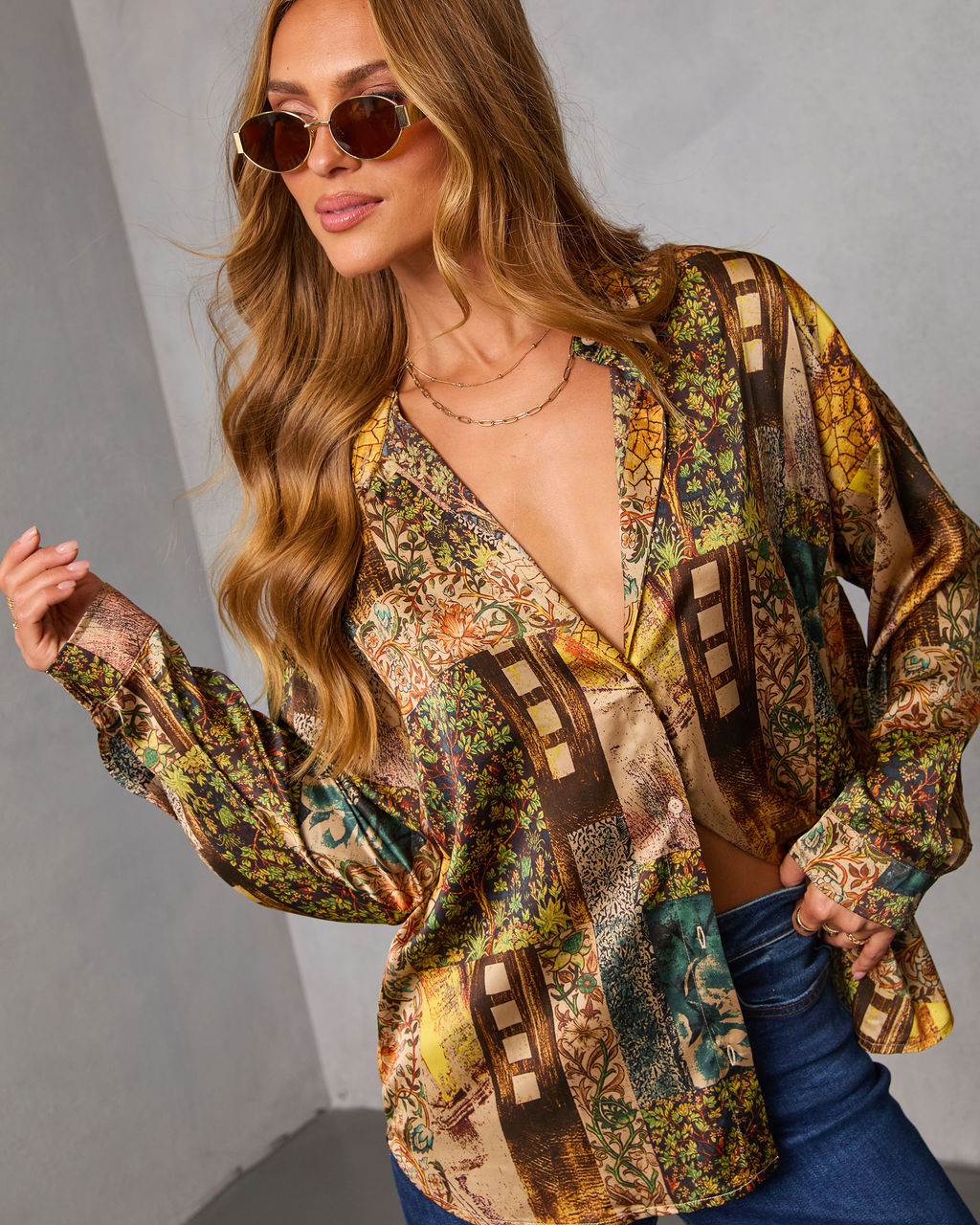 Fallowed Field Print Button Up Top