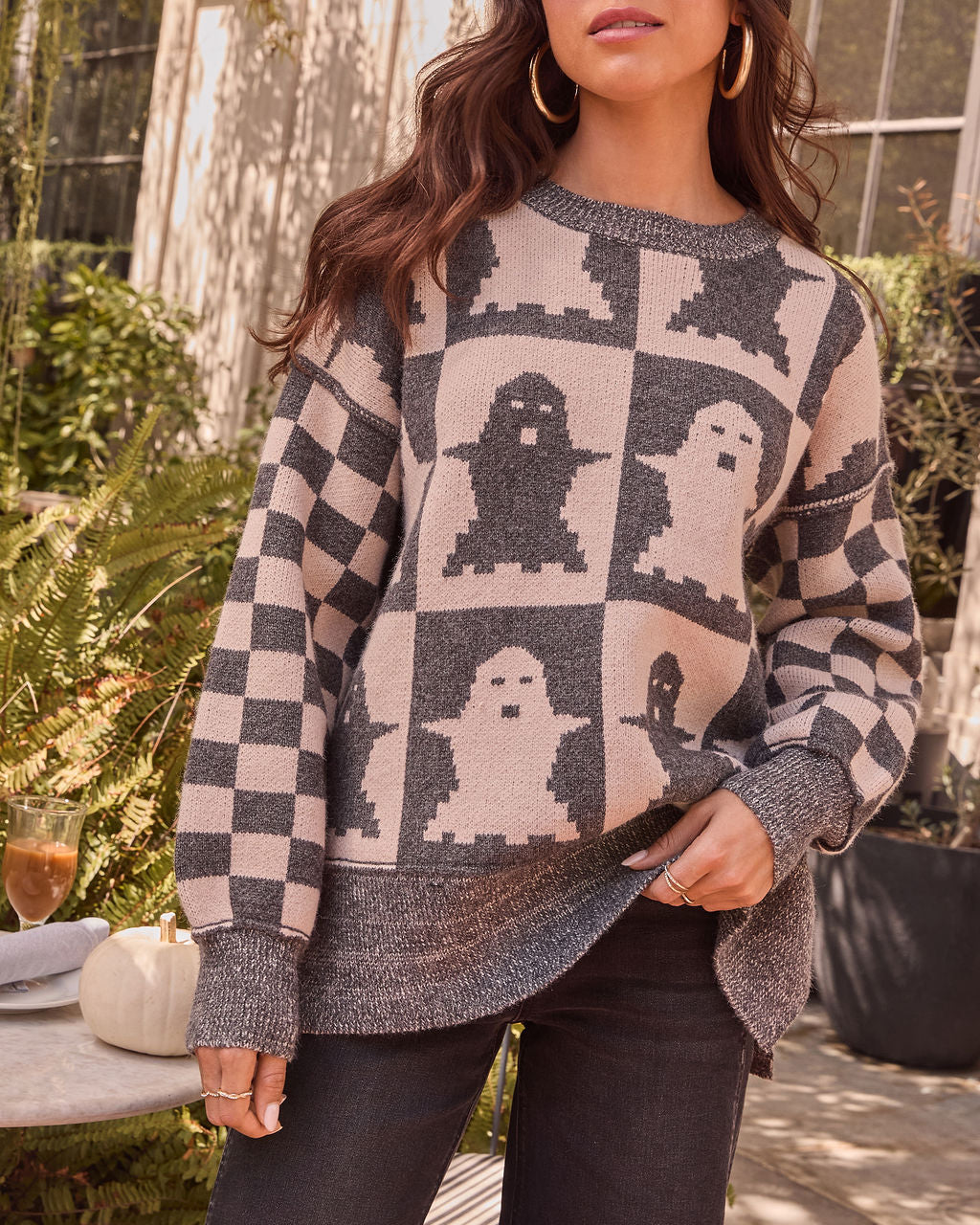Checkered Spirits Intarsia Knit Ghost Sweater